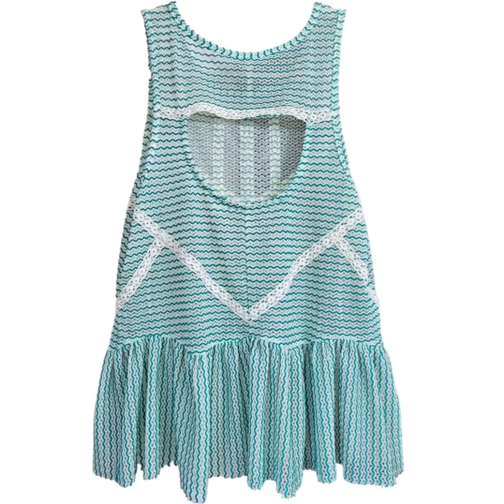 Free People Boho Crochet Lace Zig-Zag Open Back Peplum Tank Top Size Small